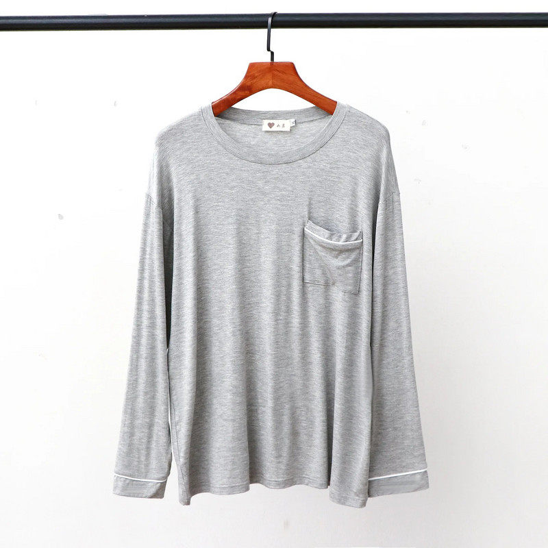 Modalne majice za spavanje s džepovima, muška ležerna odjeća s dugim rukavima i okruglim izrezom, labava, glatka, elastična, tanka kućna odjeća veće veličine