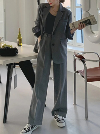 Дамски панталон Ежедневно яке с дълъг ръкав и панталон с висока талия Дамски комплект блейзъри от 2 части Дамски моден елегантен панталон