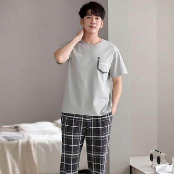 Най-новият комплект мъжки пижами Свободни мъжки пижами 100% памук Спално облекло с къс ръкав Мъжко домашно облекло за свободното време