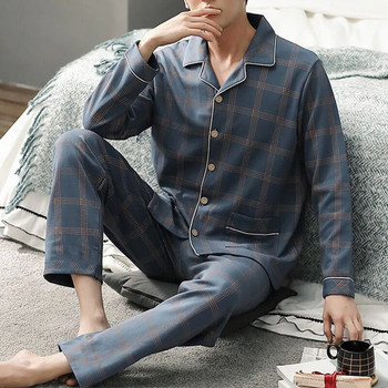 Jodimitty Есенно-зимни памучни пижами за мъже Ежедневни карирани комплекти пижами Плюс размер Мъжки спално облекло с дълъг ръкав Удобна пижама