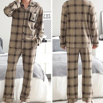 Jodimitty Есенно-зимни памучни пижами за мъже Ежедневни карирани комплекти пижами Плюс размер Мъжки спално облекло с дълъг ръкав Удобна пижама