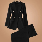 Ženski jesensko-zimski retro ležerni sako s dvorednim kopčanjem Široki komplet hlača Jednodijelni dvodijelni komplet hlača sa stegnutim strukom.