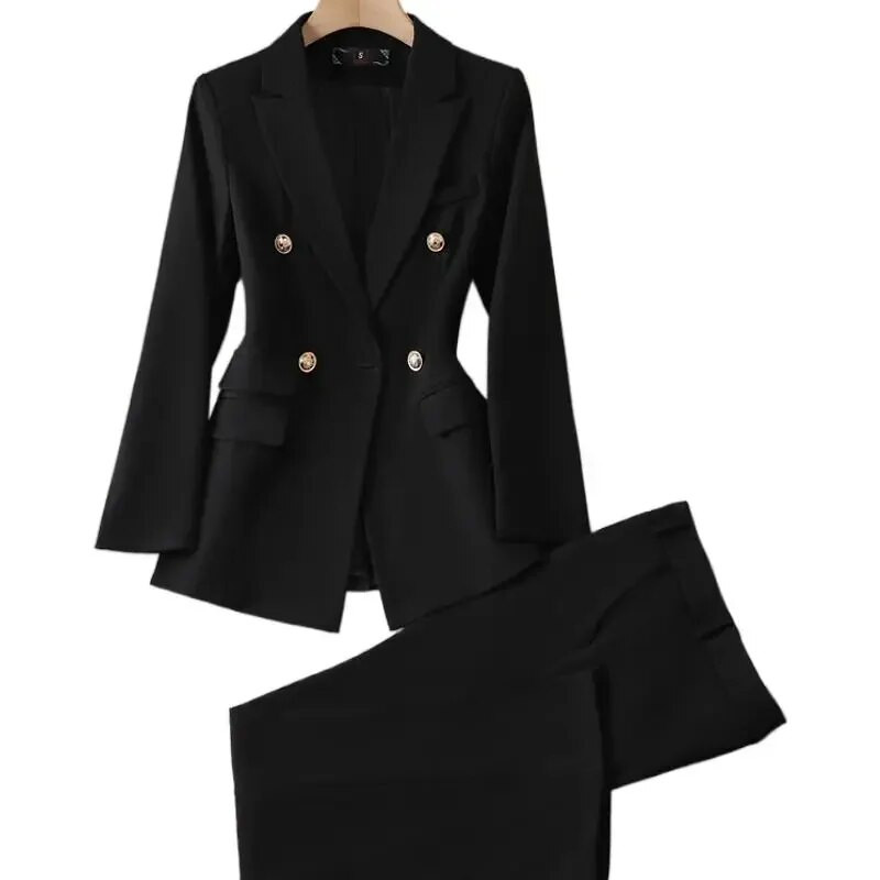 Ženski jesensko-zimski retro ležerni sako s dvorednim kopčanjem Široki komplet hlača Jednodijelni dvodijelni komplet hlača sa stegnutim strukom.