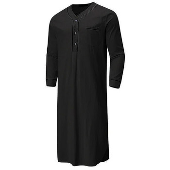 Ежедневна рокля от кафтан Thobe с V-образно деколте и джоб, дълга мъжка плътна нощна ленена риза, къса роба, широка