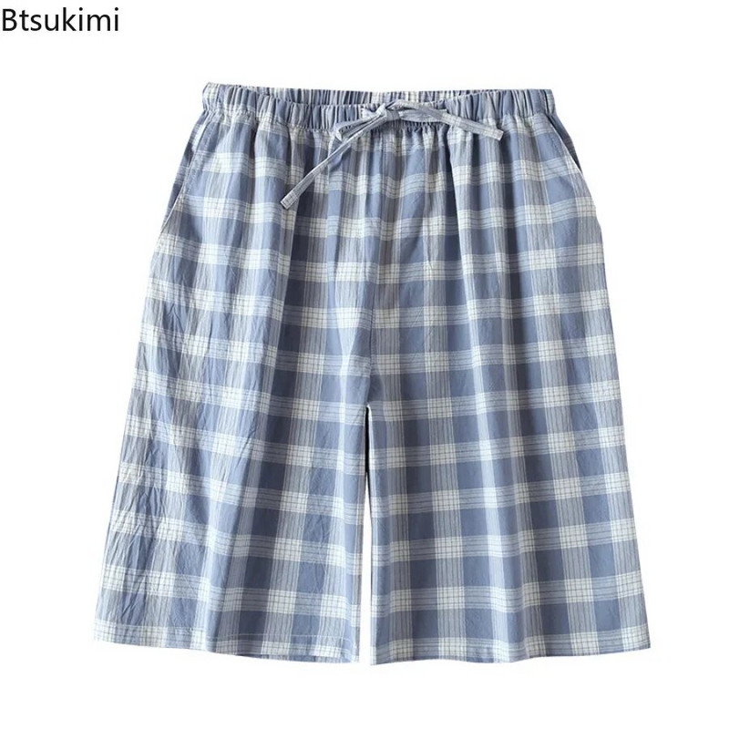Νέα ανδρικά 2024 casual Sleepwear Σορτς πιτζάμα καρό σχέδιο 100% βαμβακερό χαλαρό σπίτι διπλής στρώσης ανδρικό παντελόνι για το σπίτι