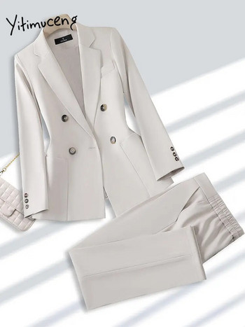 Yitimuceng Solid Suits for Women 2023 New Fashion Μακρύ μανίκι διπλό στήθος Γυναικείο Σετ ψηλόμεσο παντελόνι 2 τεμαχίων