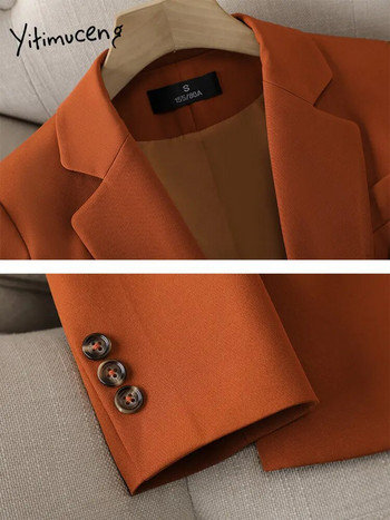 Yitimuceng Solid Suits for Women 2023 New Fashion Μακρύ μανίκι διπλό στήθος Γυναικείο Σετ ψηλόμεσο παντελόνι 2 τεμαχίων