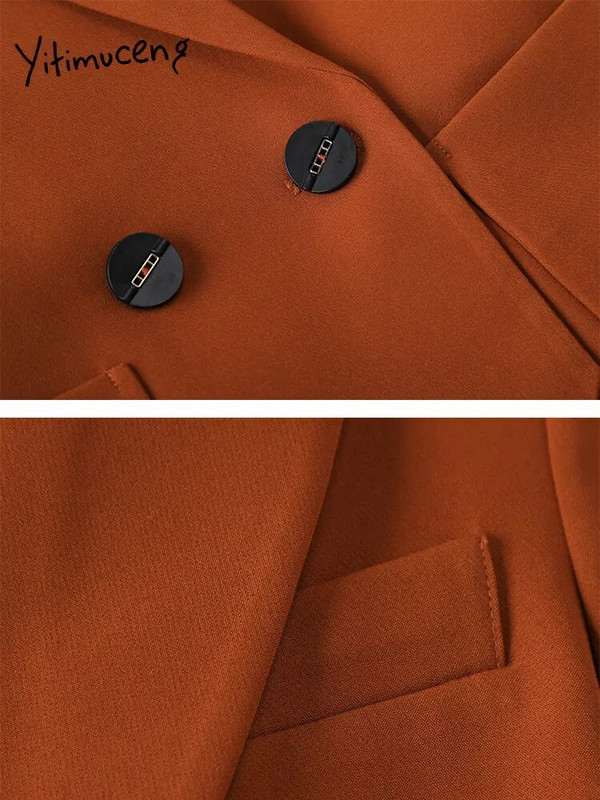 Yitimuceng Solid Suits for Women 2023 New Fashion Μακρύ μανίκι διπλό στήθος Γυναικείο Σετ ψηλόμεσο παντελόνι 2 τεμαχίων