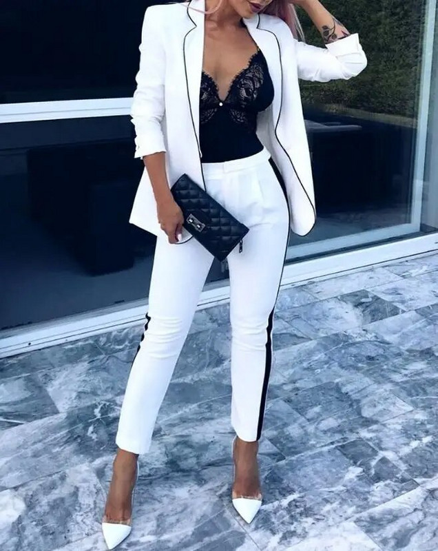 Új divat 2023 nyári női, két darab szett Elegáns, hosszú ujjú, kontrasztos paneles blézerkabát- és nadrágszett, alkalmi női öltöny