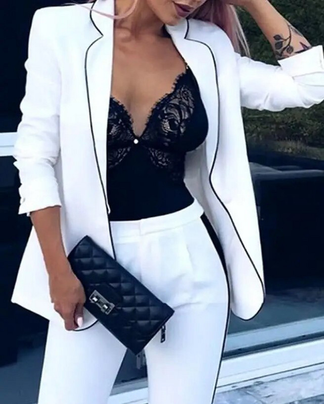 Új divat 2023 nyári női, két darab szett Elegáns, hosszú ujjú, kontrasztos paneles blézerkabát- és nadrágszett, alkalmi női öltöny