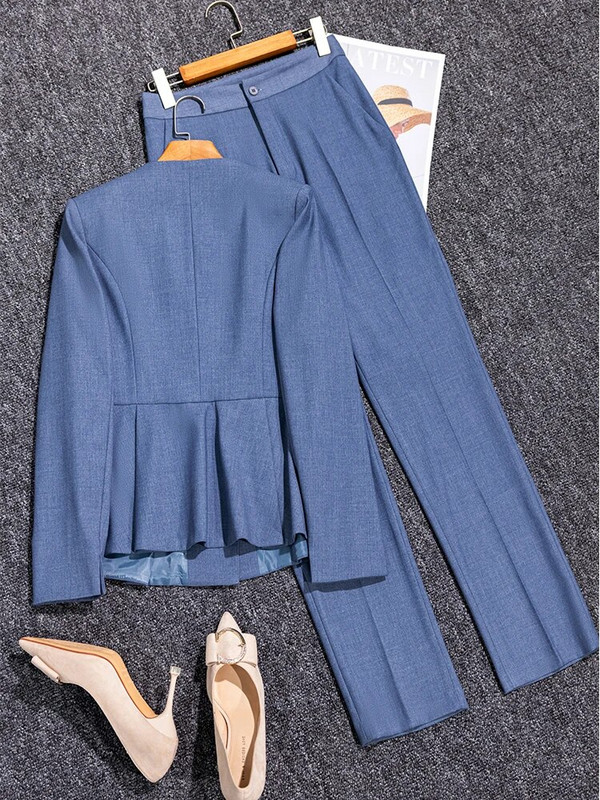 Szürke sötétkék fekete női nadrágkosztüm formális női üzleti munkaruha tömör O-nyakú blézer és nadrág 2 részes szett őszi télre