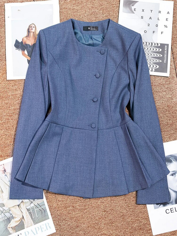 Szürke sötétkék fekete női nadrágkosztüm formális női üzleti munkaruha tömör O-nyakú blézer és nadrág 2 részes szett őszi télre