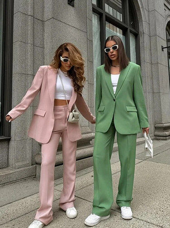 Πράσινο μπλέιζερ γυναικεία κοστούμια ανοιξιάτικη καραμέλα Μπλέιζερ με ένα κουμπί σακάκι φαρδύ ίσιο παντελόνι μόδας Outwear outwear υψηλής οδού