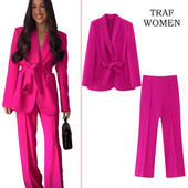 TRAF WOMEN 2023 mada, nauja su diržu puošiantis kostiumas švarkas Office Elegant Blazer 2225483 + moteriškų kelnių rinkinys aukštu juosmeniu 2216483