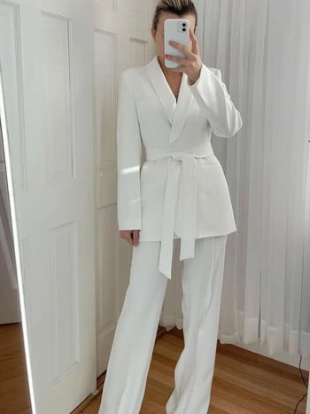 TRAF WOMEN 2023 Fashion New With Belt Decoration Suit Jacket Office Elegant Blazer 2225483 + Дамски комплект панталони с висока талия 2216483