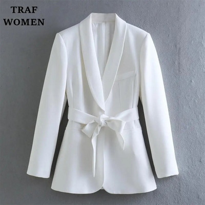 TRAF WOMEN 2023 mada, nauja su diržu puošiantis kostiumas švarkas Office Elegant Blazer 2225483 + moteriškų kelnių rinkinys aukštu juosmeniu 2216483