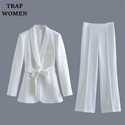 TRAF WOMEN 2023 mada, nauja su diržu puošiantis kostiumas švarkas Office Elegant Blazer 2225483 + moteriškų kelnių rinkinys aukštu juosmeniu 2216483