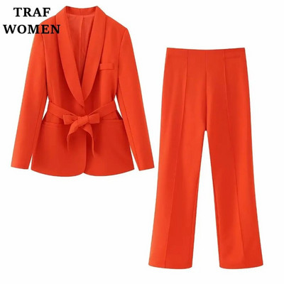 TRAF WOMEN 2023 mada, nauja su diržu puošiantis kostiumas švarkas Office Elegant Blazer 2225483 + moteriškų kelnių rinkinys aukštu juosmeniu 2216483