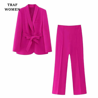 TRAF WOMEN 2023 mada, nauja su diržu puošiantis kostiumas švarkas Office Elegant Blazer 2225483 + moteriškų kelnių rinkinys aukštu juosmeniu 2216483