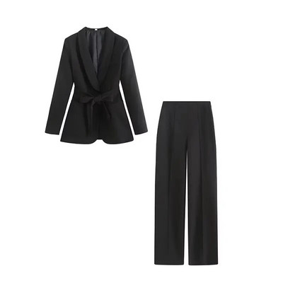 TRAF WOMEN 2023 mada, nauja su diržu puošiantis kostiumas švarkas Office Elegant Blazer 2225483 + moteriškų kelnių rinkinys aukštu juosmeniu 2216483