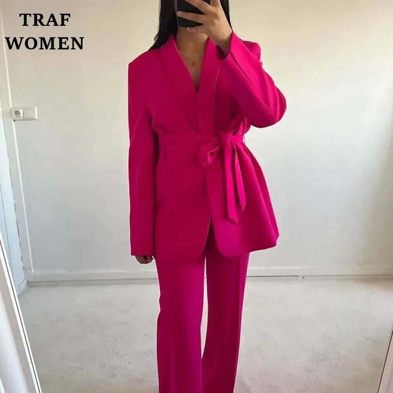 TRAF WOMEN 2023 mada, nauja su diržu puošiantis kostiumas švarkas Office Elegant Blazer 2225483 + moteriškų kelnių rinkinys aukštu juosmeniu 2216483