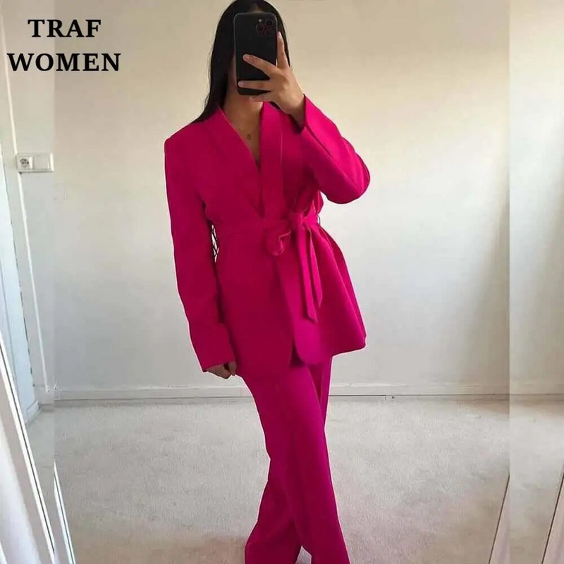 TRAF WOMEN 2023 mada, nauja su diržu puošiantis kostiumas švarkas Office Elegant Blazer 2225483 + moteriškų kelnių rinkinys aukštu juosmeniu 2216483