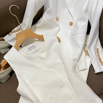 Ретро британски стил Официален офис дамски костюм Двуредно сако Жилетка Молив Панталони Дамски 3 бр.