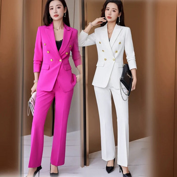 Висококачествен корейски пролетен есенен дамски костюм с панталон Официален комплект от 2 части Блейзър Дамско офисно работно облекло, яке и панталон