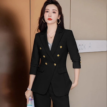 Висококачествен корейски пролетен есенен дамски костюм с панталон Официален комплект от 2 части Блейзър Дамско офисно работно облекло, яке и панталон