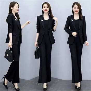 Офис дама Елегантен блейзър костюм Дамски комплект от 2 части Корейски моден тънък тънък костюм без подплата и панталон с висока талия Работно облекло