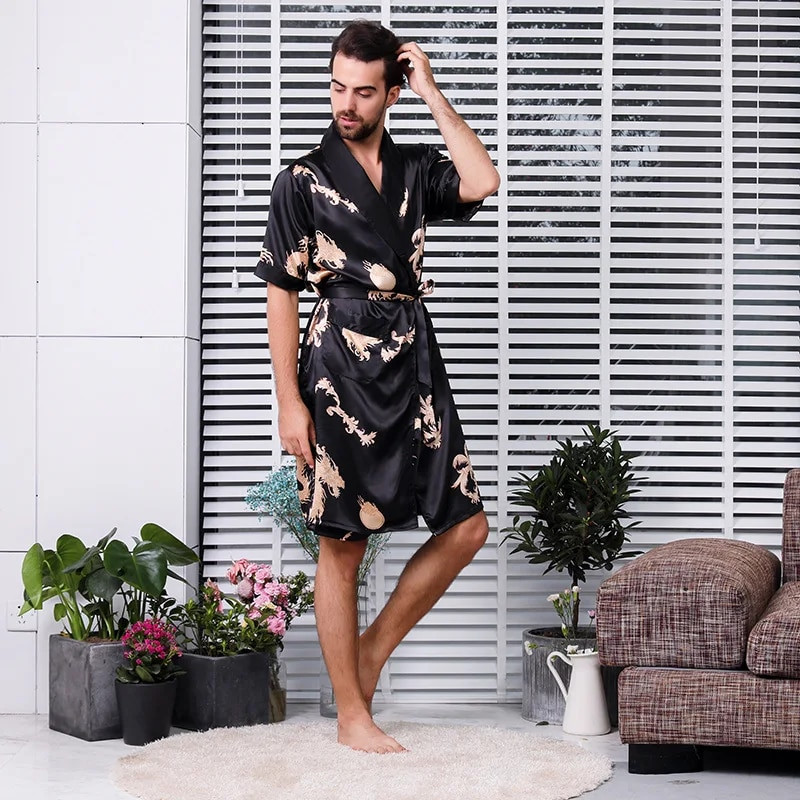 Drakonas marginti 2 vnt Vyriški chalatai šortai kostiumas kimono namų šilko vyriškų chalatų rinkiniai Minkšti jaukūs ploni ilgomis rankovėmis vonios suknelė, didelė 5XL