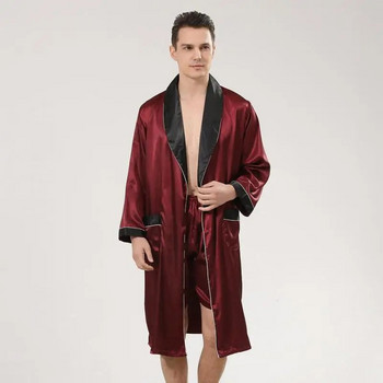 Мъжки сатенен комплект халати Свободна рокля за баня с дълъг ръкав 2PCS Ръкав с ревер халат и къси панталони Мъжки ежедневен комплект за сън Копринен комплект пижами