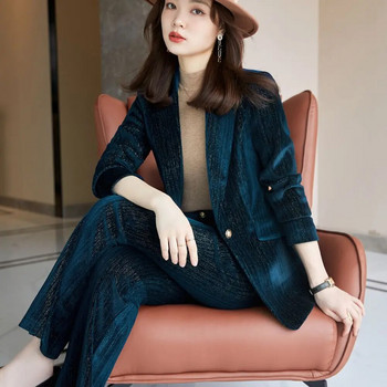 Κορεατικά φθινοπωρινά επίσημα γυναικεία επαγγελματικά κοστούμια υψηλής ποιότητας από βελούδινο σακάκι για γυναίκες με σετ Εργασιακό φόρεμα γραφείου Παντελόνι