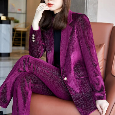 Корейски есенни официални дамски висококачествени кадифени блейзери Дамски бизнес костюми с комплекти Работно облекло Офис униформа Панталони Яке