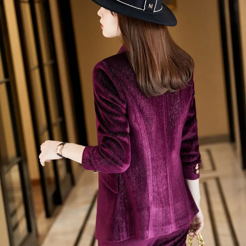 Korėjos rudens iškilmingas moterų aukštos kokybės aksominis švarkas moteriškas verslo kostiumas su komplektais Darbo apranga Biuro uniformos kelnių striukė