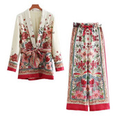 Komplet sakoa s printom Žensko odijelo Jesen 2023. Uski sako sa remenom s v-izrezom Kaput s europskim elastičnim pojasom Dvodijelni komplet hlača sa širokim nogavicama Ženski