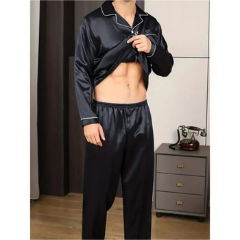 Нов комплект мъжки пижами Копринен сатен Спално облекло за мъжка риза Пижама с дълъг ръкав Мъжко модно меко спално облекло Голям размер Зимно нощно облекло