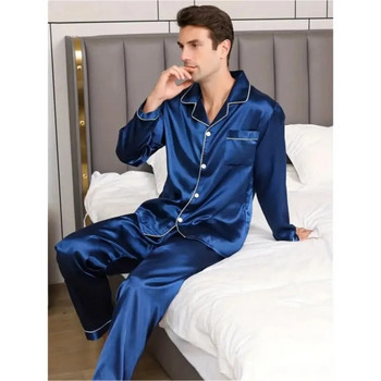 Нов комплект мъжки пижами Копринен сатен Спално облекло за мъжка риза Пижама с дълъг ръкав Мъжко модно меко спално облекло Голям размер Зимно нощно облекло