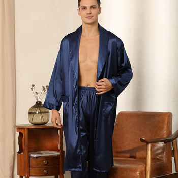 Πυζά πέτο δύο τεμάχια ρόμπα και παντελόνι κοστούμι για άντρες Μπουρνούζι κιμονό μπουρνούζι καλοκαιρινό σατέν νυχτικό Σετ μακρυμάνικο πιτζάμες