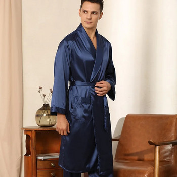 Спално облекло с ревер от две части, халат и панталон, костюм за мъже, халат за баня, кимоно, рокля за баня, лятна сатенена нощница, комплект пижами с дълъг ръкав