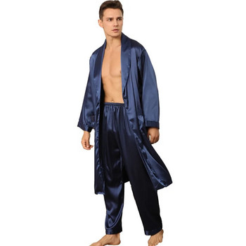 Спално облекло с ревер от две части, халат и панталон, костюм за мъже, халат за баня, кимоно, рокля за баня, лятна сатенена нощница, комплект пижами с дълъг ръкав
