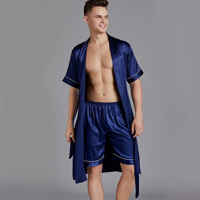 Oversize 3XL Мъжки 2PCS спално облекло Robe&Shorts Set Мъжко сатенено копринено 2PCS Нощно облекло Интимно бельо Ежедневно кимоно Robe Gown