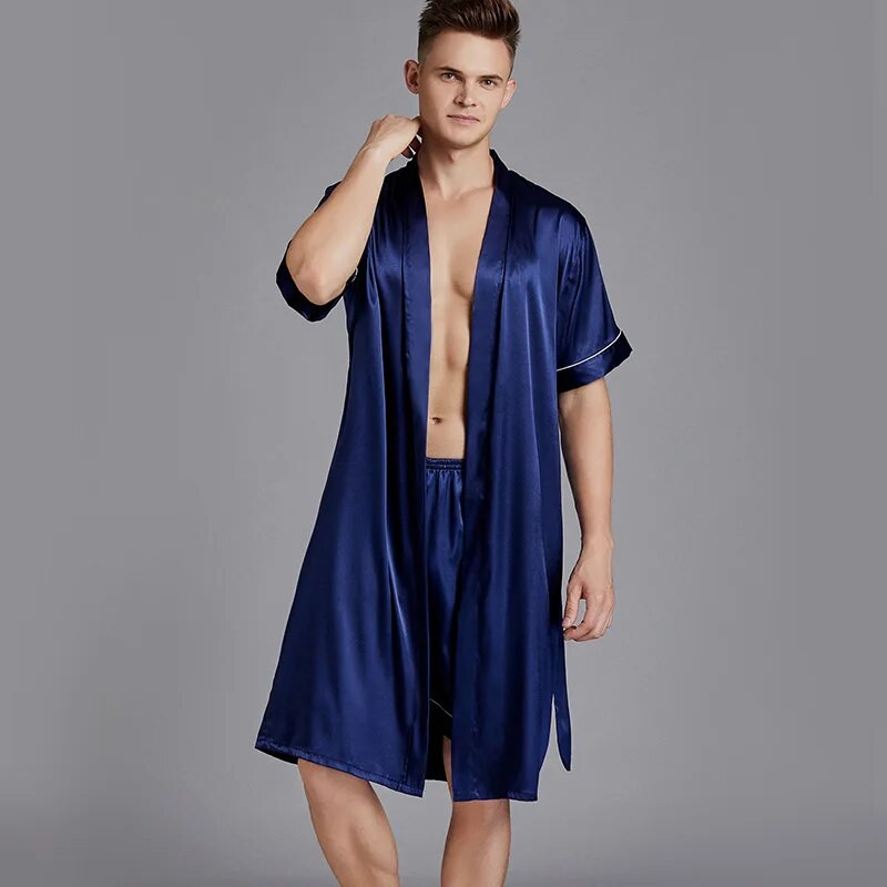 Ogromna 3XL muška odjeća za spavanje od 2 komada, ogrtač i kratke hlače, muška satenska svilenkasta spavaćica od 2 komada, intimno donje rublje, ležerna kimono haljina