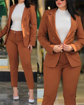 Оранжев дамски комплект от 2 части 2023 г. Ново в ежедневните бизнес двуредни блейзъри, сако, панталони, елегантни дамски официални комплекти панталони