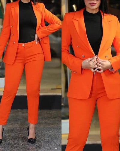 Orange Woman`s  2 Piece Set 2023 New in Casual Business Double Breasted Blazers Jacket Pants Elegant Ladies Formal Pant Sets