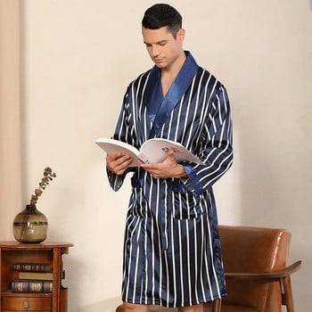 Халат за баня на сини бели райета Къси къси халати от две части Комплект копринено кимоно за мъже Секси мека уютна рокля за баня с дълъг ръкав M-7XL