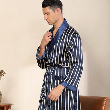 Халат за баня на сини бели райета Къси къси халати от две части Комплект копринено кимоно за мъже Секси мека уютна рокля за баня с дълъг ръкав M-7XL