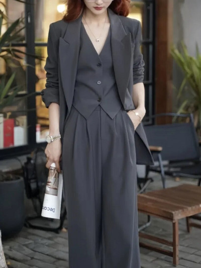 Корейска мода Дамски бизнес блейзър Комплект от 3 части Елегантни ежедневни якета Палто Жилетка без ръкави и панталон Дамски дрехи Нови
