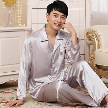 Мъжко спално облекло Летен ежедневен пижамен комплект Сатенен мъжки нощно облекло Костюм с дълъг ръкав Риза от 2 части + Панталон Пижамен костюм Голям размер 3XL