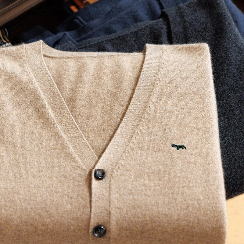 Džemper od kašmira Jesen Zima Topli muški ležerni vuneni džemper džemper Zadebljani jednobojni kaput s V izrezom